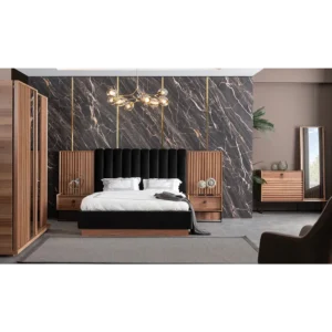 Obsidian Ribbed Velvet Luxury Bed with Marble Backdrop - Image 1