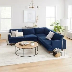 Deep Blue Velvet L-Shaped Corner Sofa with Walnut Legs – Luxurious Lounge