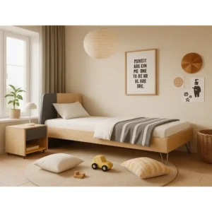 Nordic Style Single Bed for Kids & Teens with Grey Two-Tone Headboard & Hairpin Legs - Image 1