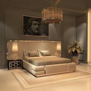 Luxury Grey Velvet Fabric Bed with Hexagon Quilted Headboard & Gold Trim - Image 1