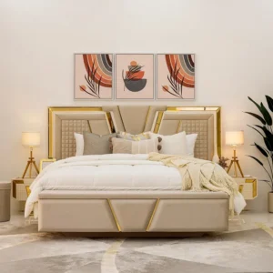 Opulent White & Gold Turkish Fabric Bed with Geometric Headboard - Image 2