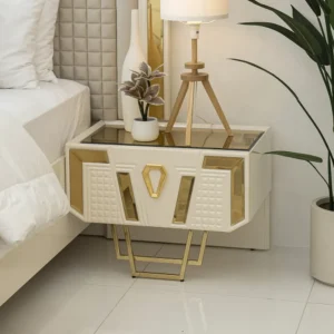 Opulent White & Gold Turkish Fabric Bed with Geometric Headboard - Image 3