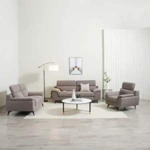 Contemporary Plush Grey Fabric Sofa with Adjustable Headrests & Slim Metal Legs - Image 2