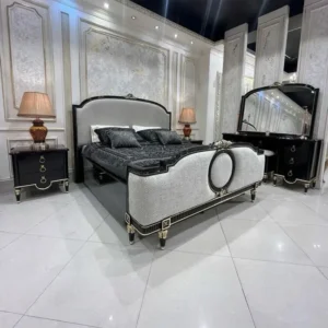 Grand Luxury Baroque Black & Gold Carved Bedroom Set with Silver Upholstery - Image 1
