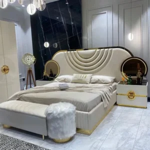 Grand Turkish Grey Velvet Bed with Circular Mirror Headboard - Image 1