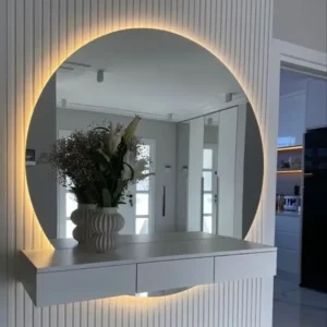 Modern Floating Dressing Table with Backlit Circular Mirror & Fluted Panels - Image 1