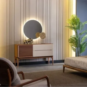 Ali Modern Half-Polish Wooden Bed with Curved Fabric Headboard - Image 2