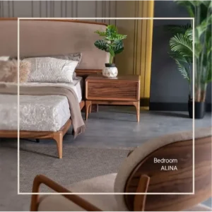 Ali Modern Half-Polish Wooden Bed with Curved Fabric Headboard - Image 3